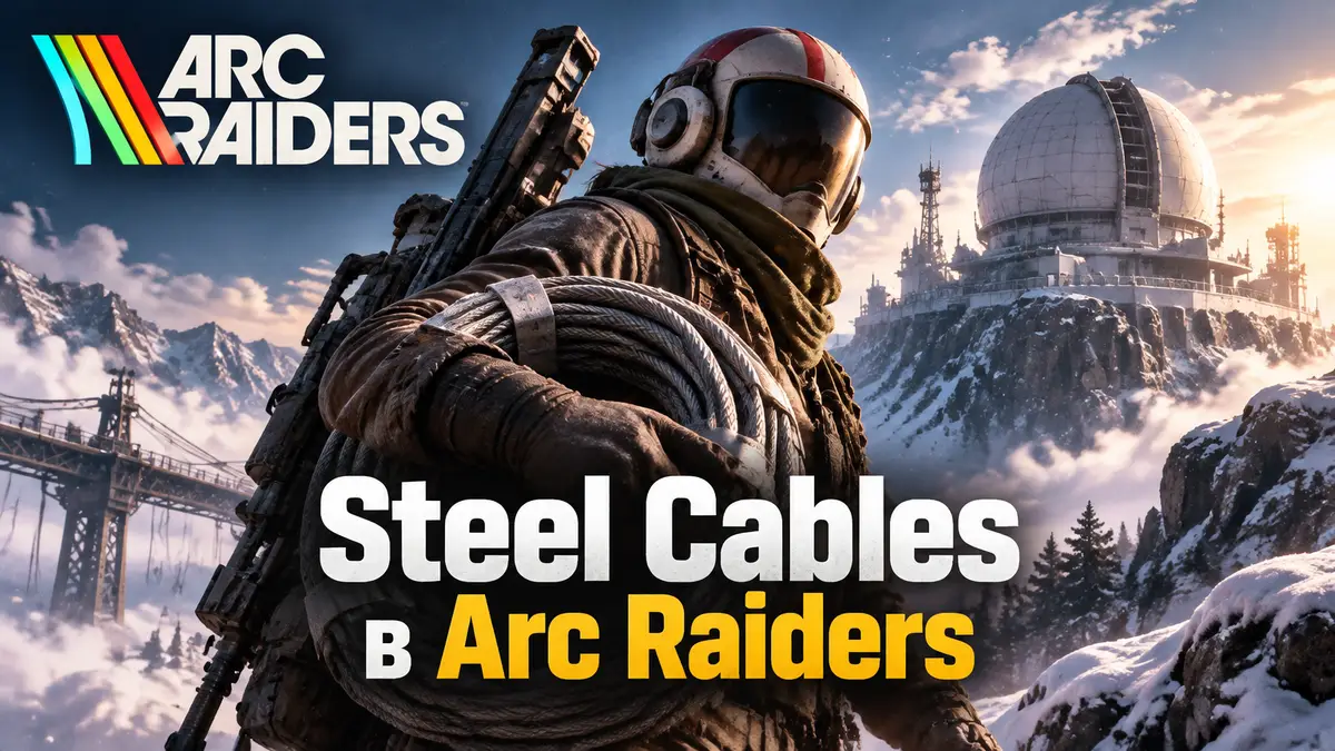 Рейдер Arc Raiders с мотком стальных тросов у заснеженной обсерватории в горах, стиль постера