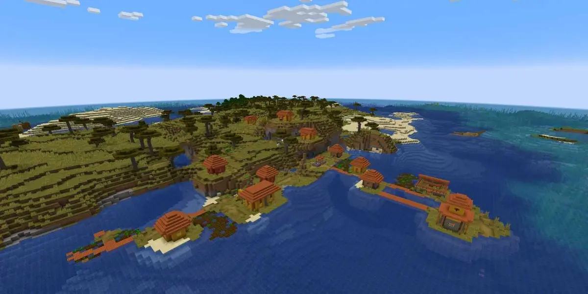 Minecraft Java Edition Village On Island In Savannah Biome.