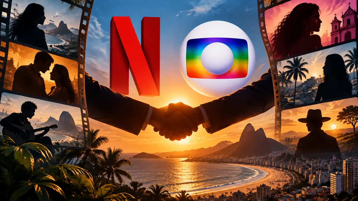 Логотипы Netflix и Globo на фоне Копакабаны, кадры бразильского кино и теленовелл в стиле постера