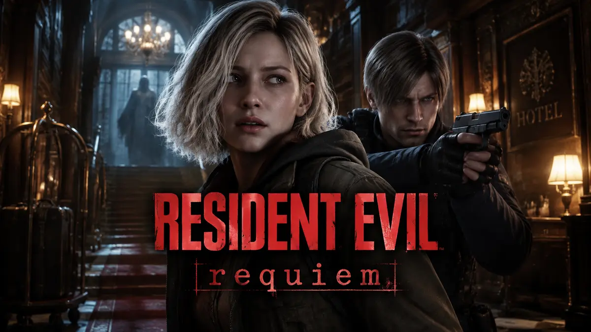 Grace Ashcroft и Leon S. Kennedy в мрачном отеле на постере Resident Evil Requiem с красным логотипом