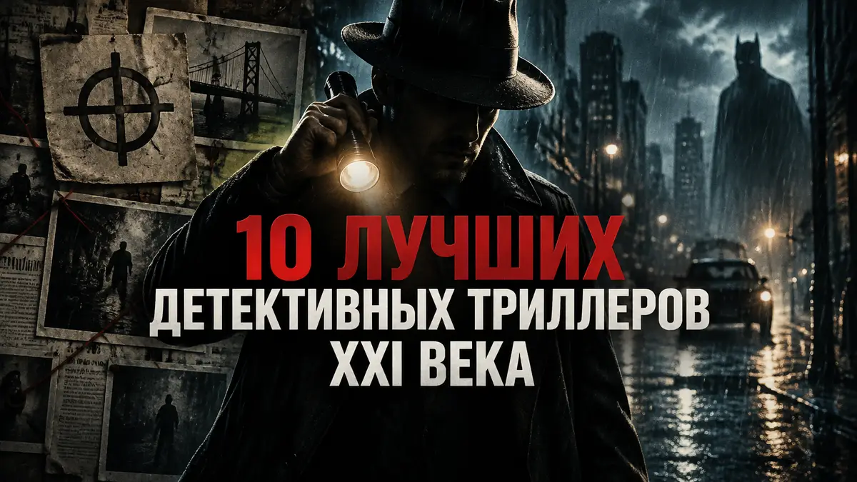 Постер детективного триллера: силуэт сыщика с фонарём в ночном дождливом городе, газетные вырезки, нуар