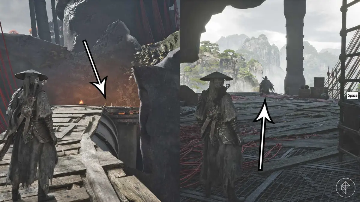 Arrows point to the enemy that drops the Sha-Chi Furnace Inspection Crank in Phantom Blade Zero.