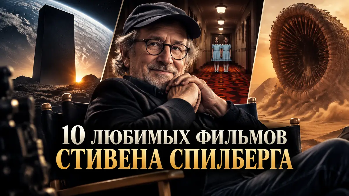 Стивен Спилберг в режиссёрском кресле на фоне постеров любимых фильмов: монолит, отель и песчаный червь
