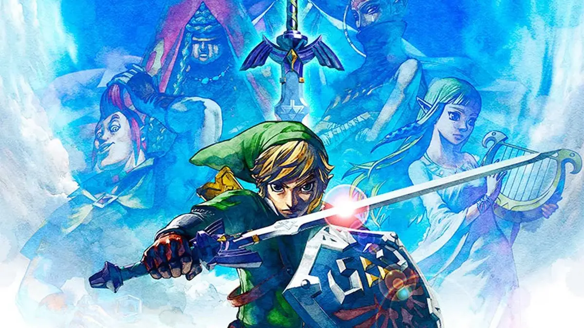 Art of Link holding the Master Sword with various characters from Skyward Sword behind him.