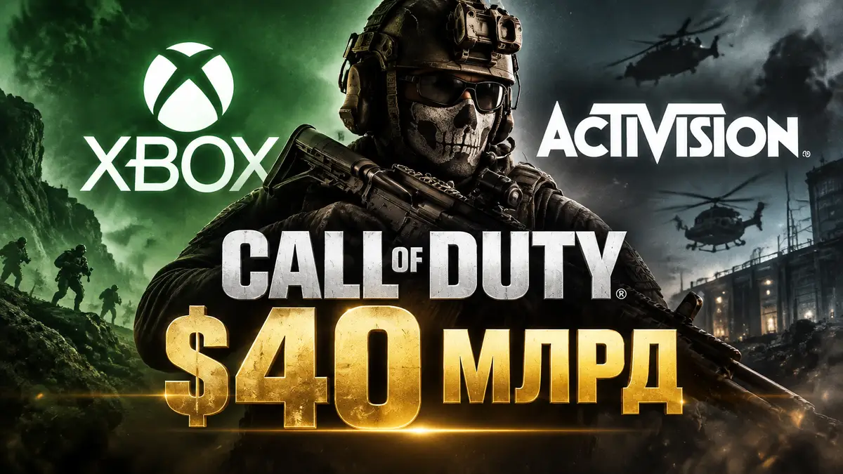 Солдат Call of Duty: Modern Warfare 4 в центре на фоне логотипов Xbox и Activision и золотых цифр $40 млрд