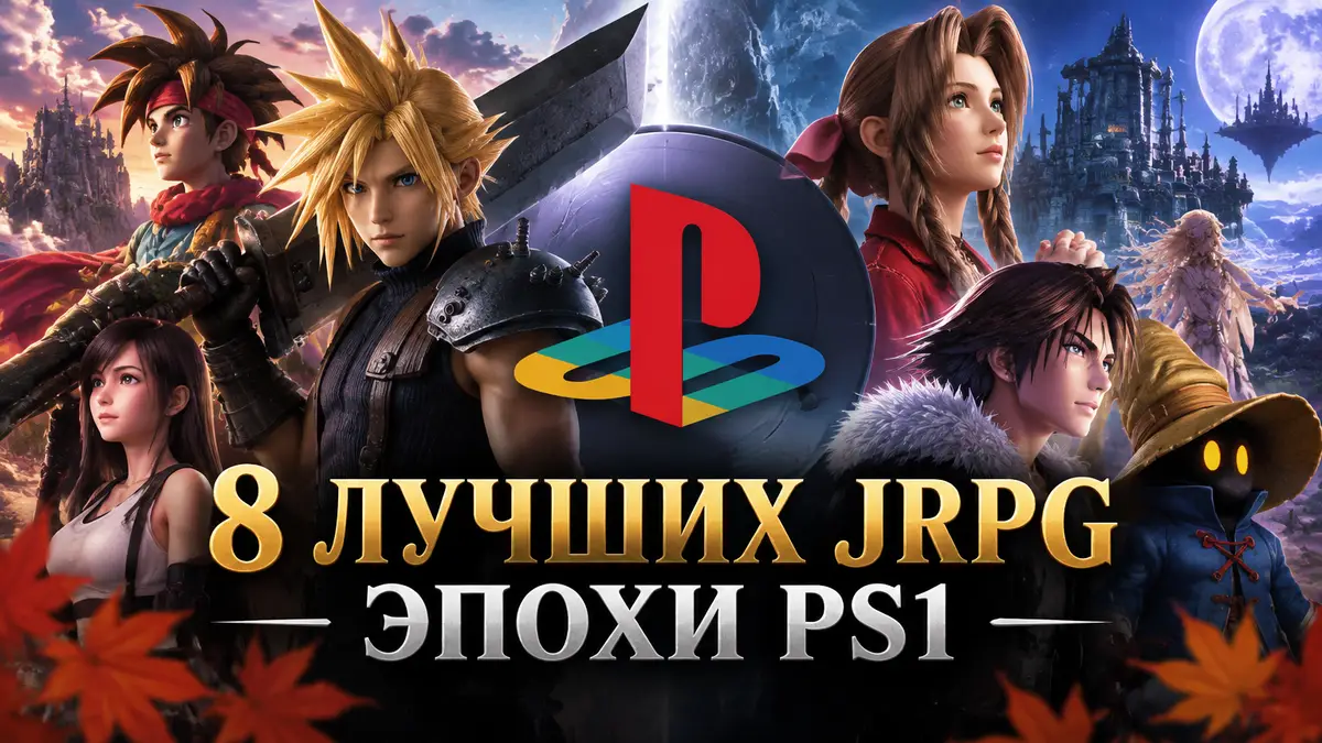Логотип PlayStation на фоне классических японских ролевых игр эпохи PS1