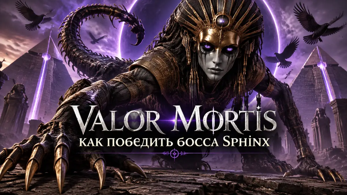 Гибкий босс Sphinx из Valor Mortis с когтями и хвостом среди пирамид, вокруг кружат вороны и фиолетовый свет