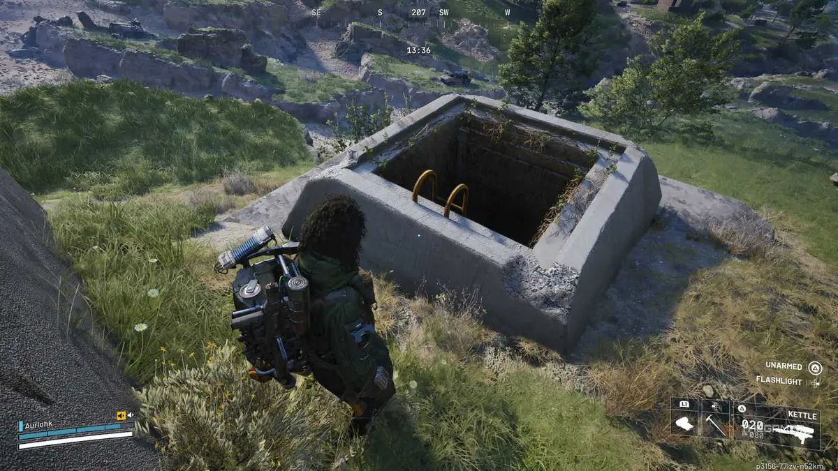 Player Raider standing next to a square, concrete opening with a ladder leading to the Maintenance Bunker in Arc Raiders.