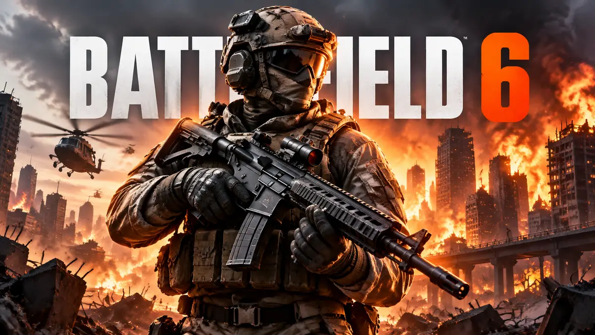 Боец в тактической броне с прокачанной винтовкой на фоне логотипа Battlefield 6 и горящего города