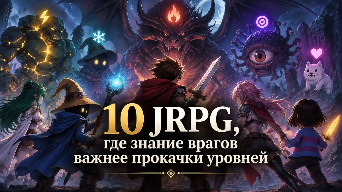 Герои JRPG перед строем монстров со светящимися слабостями, тактический бой в стиле key art