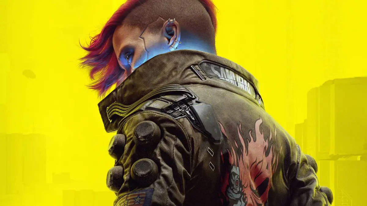 Key Art for Cyberpunk 2077 is centered around female V and her jacket, posed against a yellow background.