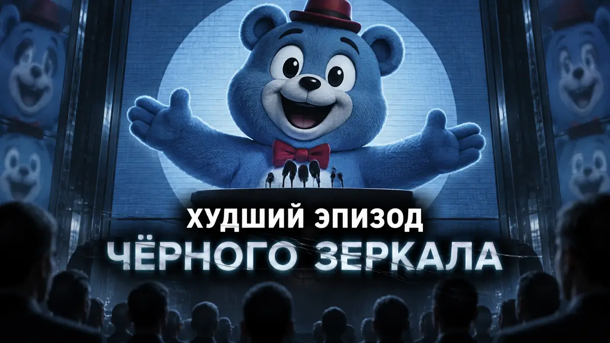 Синий мультяшный медведь Уолдо на экране над политической трибуной, постер в стиле «Чёрного зеркала»