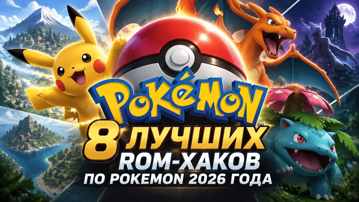 Постер подборки лучших ROM-хаков Pokemon с покеболом и логотипом игры крупным планом