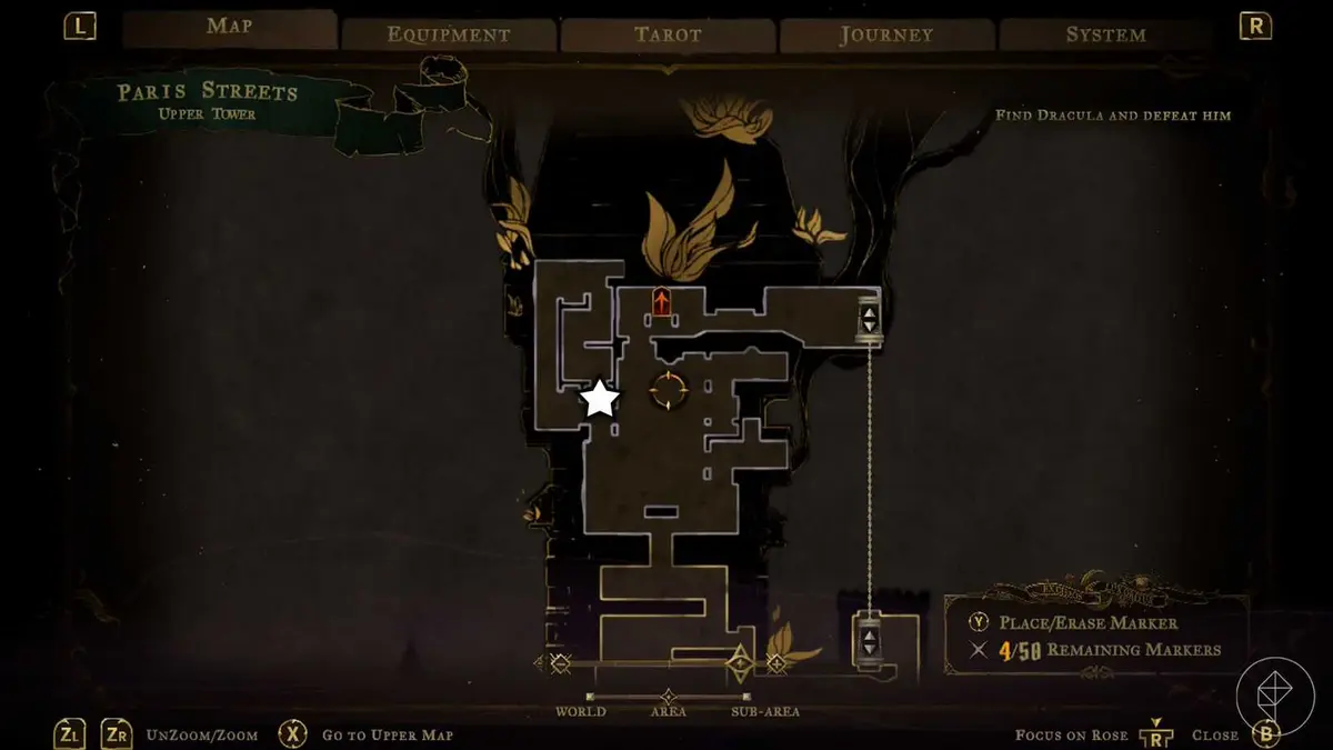 A Castlevania: Belmont's Curse screenshot showing the map of Paris Streets and where you find the spirit who tells you about the carpenter's crane