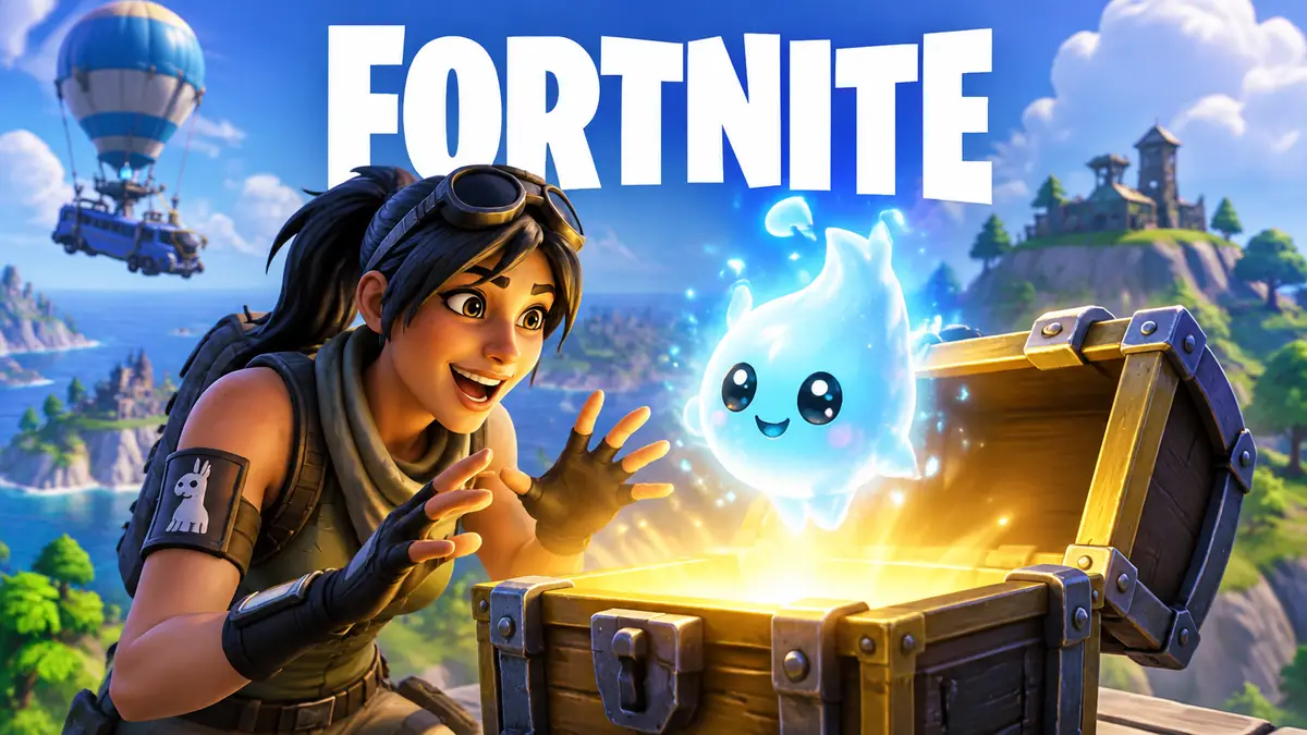Светящийся спрайт над открытым сундуком на острове Fortnite в ярком мультяшном стиле