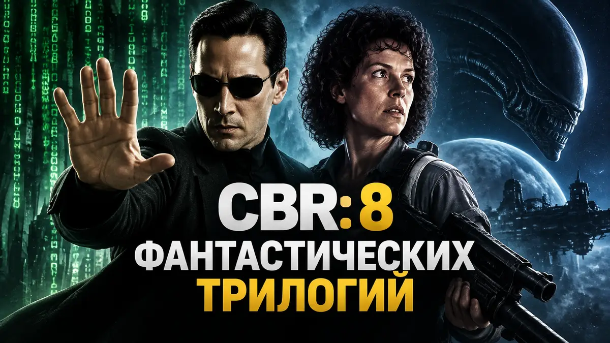 Нео из Матрицы и Эллен Рипли из фильма Чужие на фоне постера космической фантастики