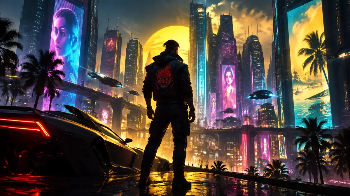 V на фоне неоновых башен Night City с логотипом Cyberpunk 2077 — квест Welcome to Paradise