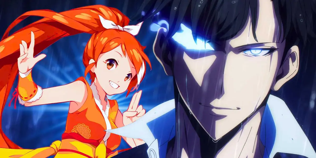This is a custom anime image of Crunchyroll-hime pictured right next to Sung Jinwoo, the main protagonist of Solo Leveling.