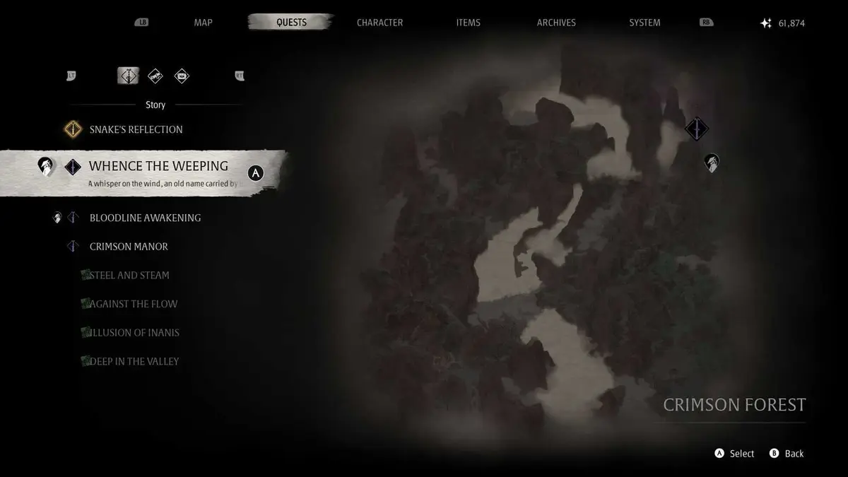 A Phantom Blade Zero screenshot showing the location where you can must go to progress the Whence the Weeping quest in the Crimson Forest area