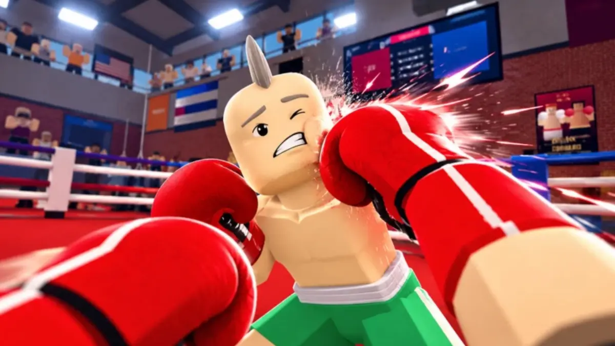 Artwork for the Roblox game First Person Boxing showing a character throwing a punch at another boxer in the ring that has a mohawk hair cut.