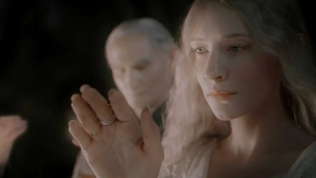 Galadriel with a ring on her hand in opening of The Lord of the Rings The Fellowship of the Rings