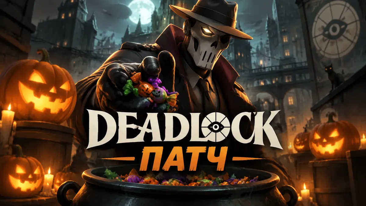 Deadman Danny из Deadlock в маске на фоне хэллоуинских тыкв и котла с конфетами в ночном городе