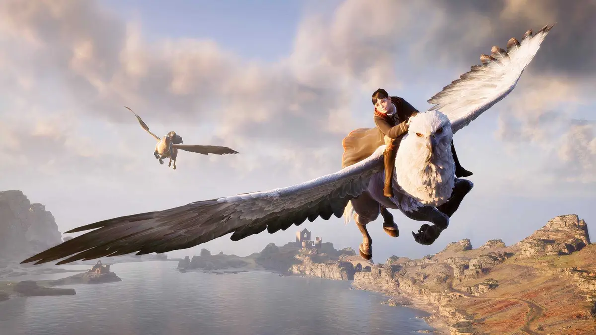 hogwarts legacy player riding a hippogriff.