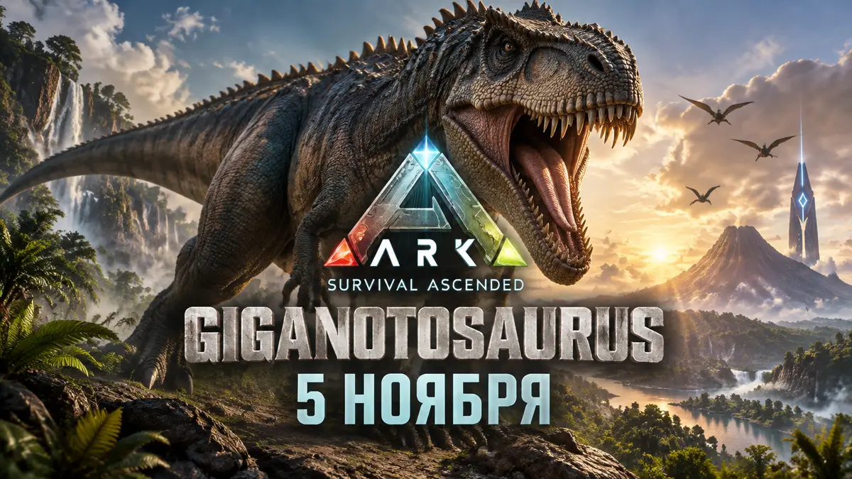 Грозный Giganotosaurus из ARK Survival Ascended на фоне первобытного ландшафта