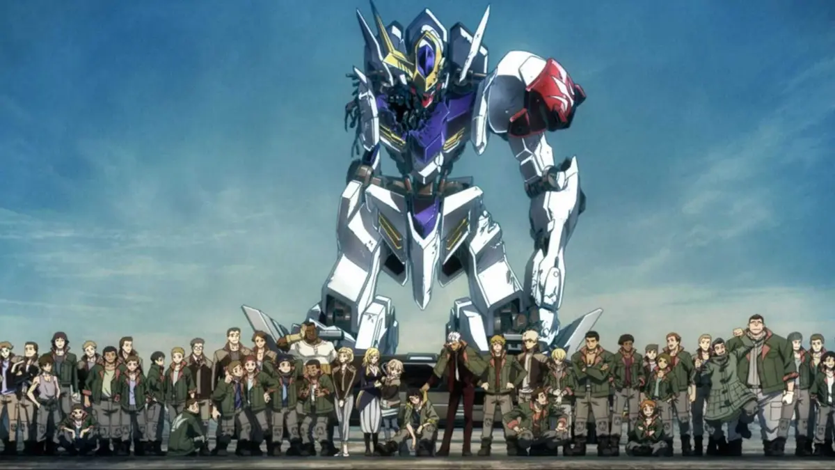 The Iron-Blooded Orphans team assembled with their mecha in Mobile Suit Gundam: Iron-Blooded Orphans.