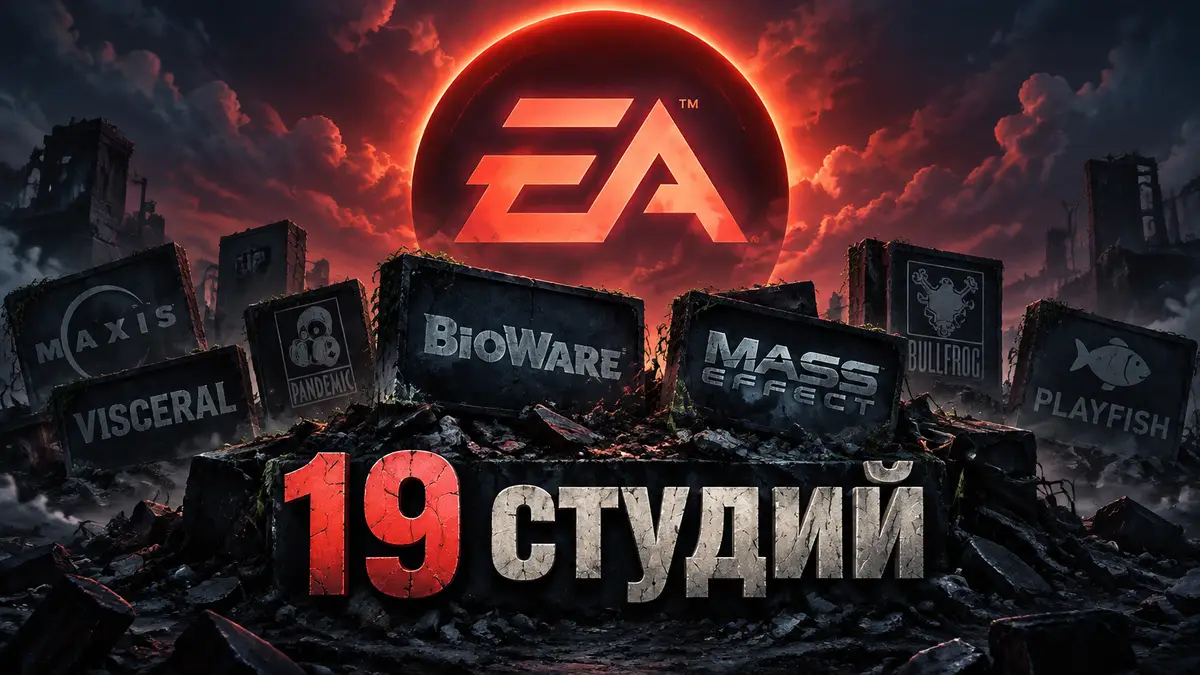 Логотип Electronic Arts нависает над рядом погасших вывесок игровых студий, среди них BioWare и Mass Effect