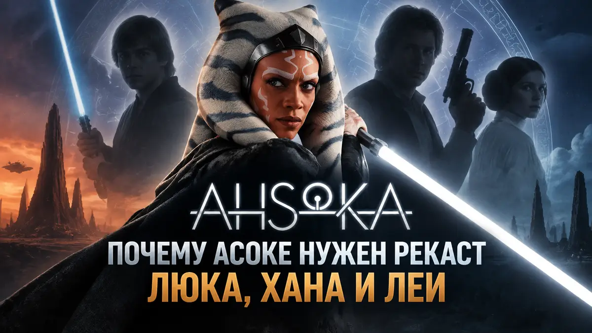 Постер сериала Асока с силуэтами классических персонажей Звездных войн