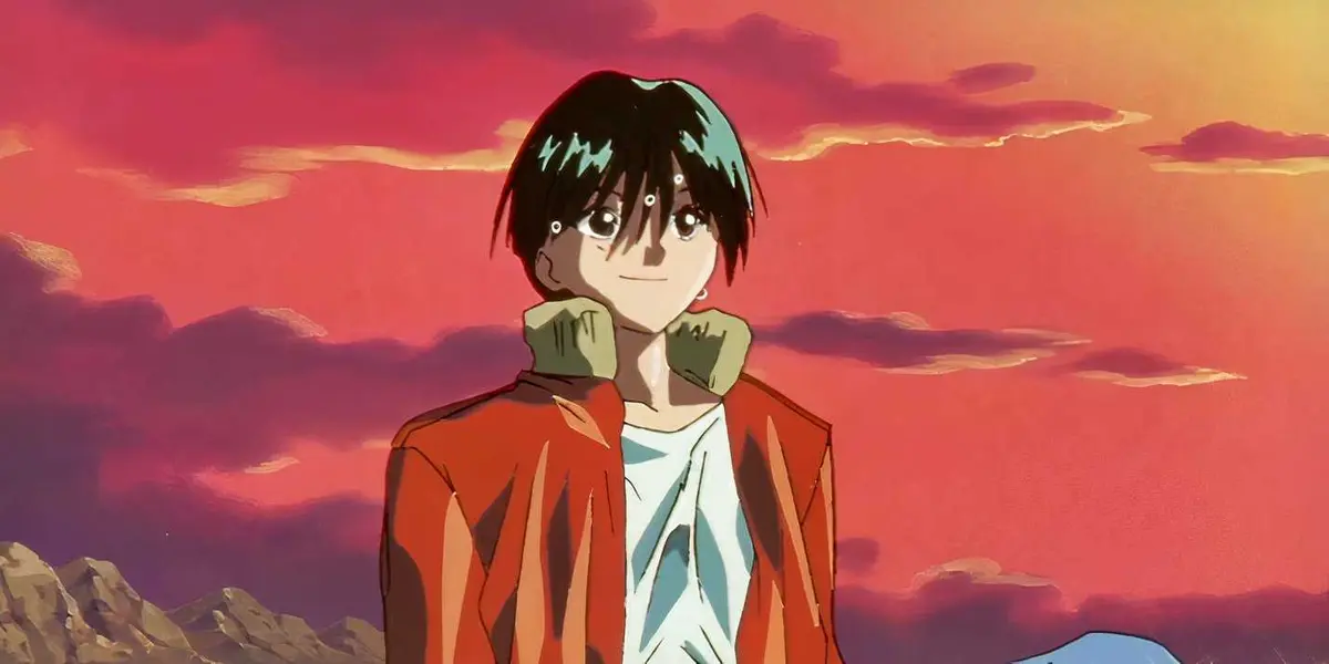 Yusuke Urameshi smiles as he looks at his friends in the final episode of Yu Yu Hakusho.