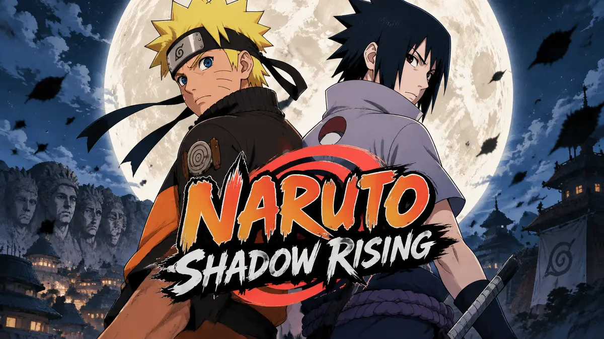 Наруто и Саске стоят спиной к спине на фоне луны, постер манги Naruto: Shadow Rising в стиле Кисимото