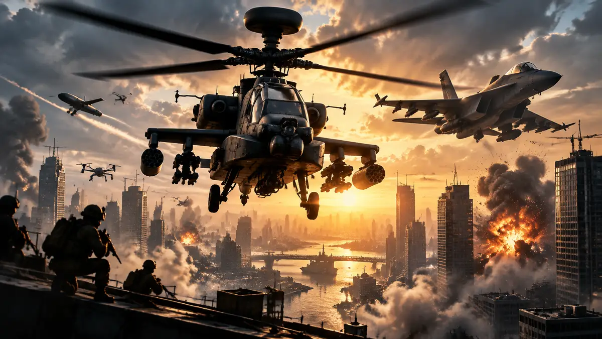 Боевой вертолёт и штурмовой самолёт над городом на постере Call of Duty: Modern Warfare 4, киллстрики