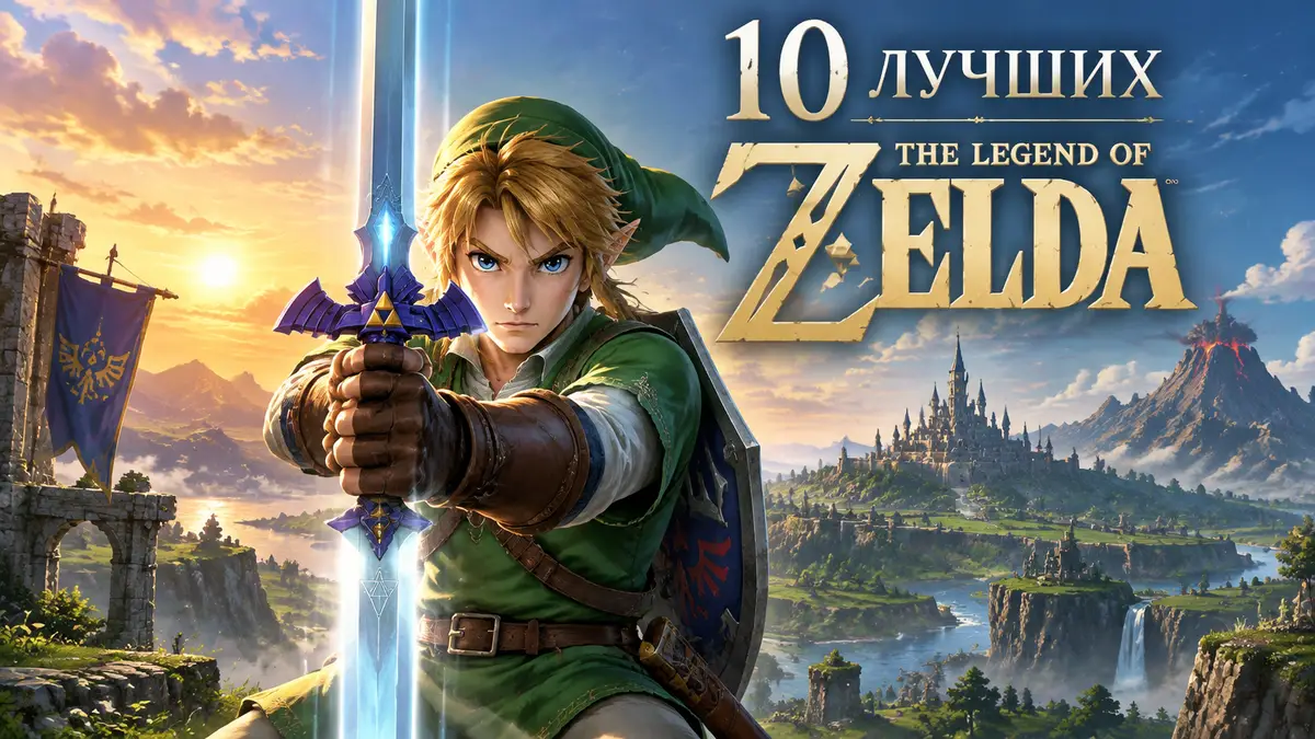 Линк в зелёном тунике держит Высший меч на фоне Хайрула в стиле постера The Legend of Zelda