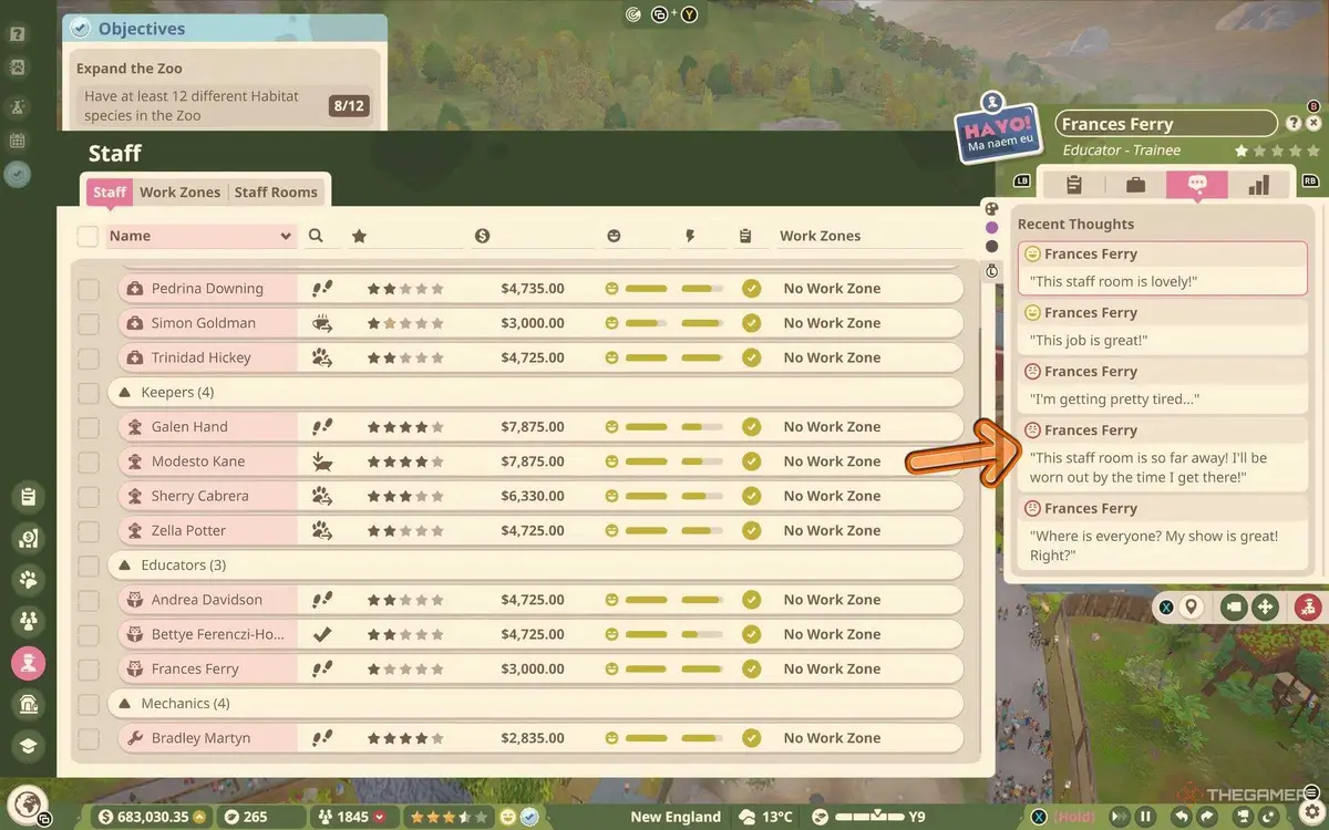 Staff overview showing the thoughts of a staff member in Planet Zoo 2
