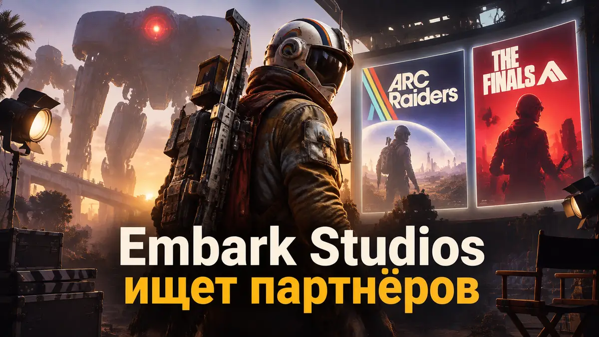 Рейдер ARC Raiders в экипировке на фоне гигантской машины ARC и киноэкрана, постер экранизации