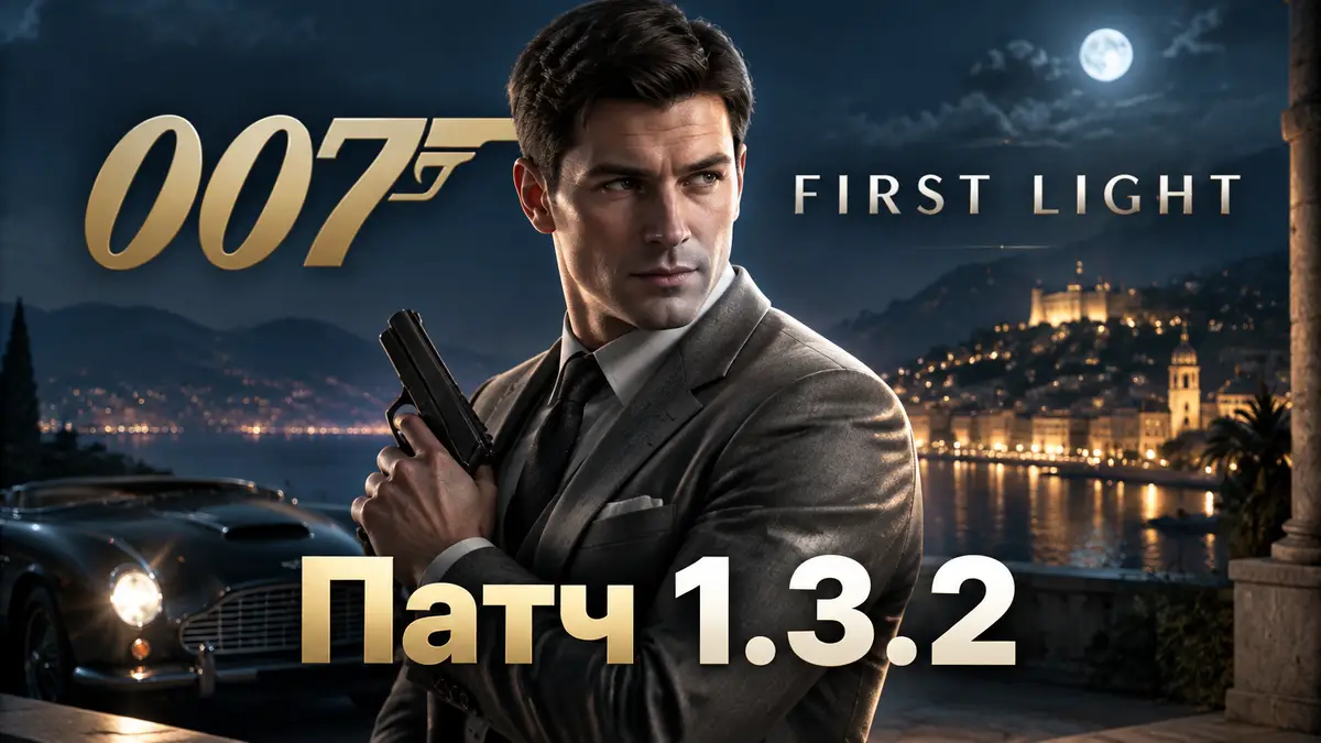 Джеймс Бонд из 007 First Light в сером классическом костюме на фоне ночного города и логотипа игры