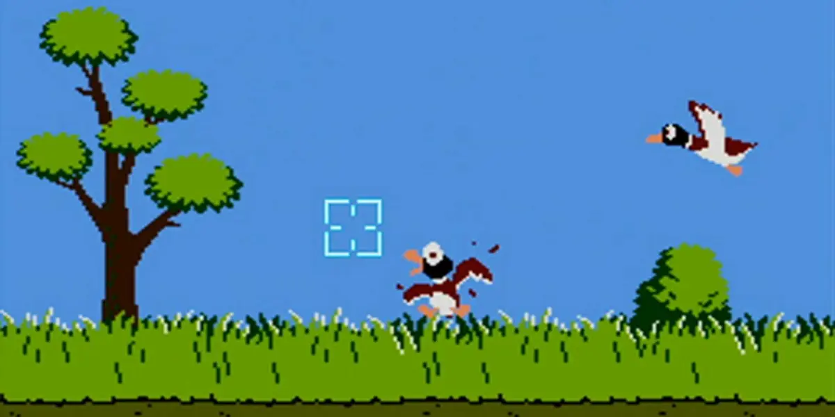 A duck gets successfully shot in Nintendo's Duck Hunt