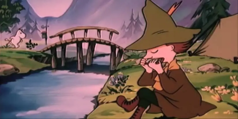 Snufkin playing music by the river in Tales from Moominvalley anime 1990.