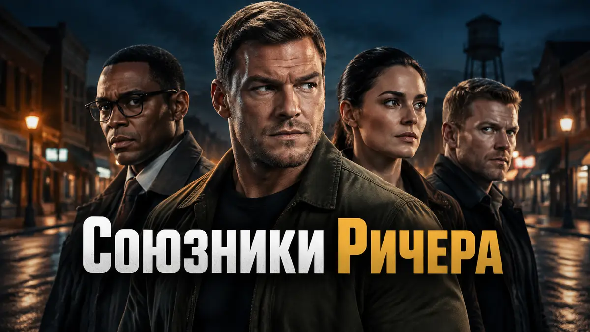 Ричер из сериала Ричер в центре постера, за ним союзники Роско, Финли и Диксон на фоне ночного городка