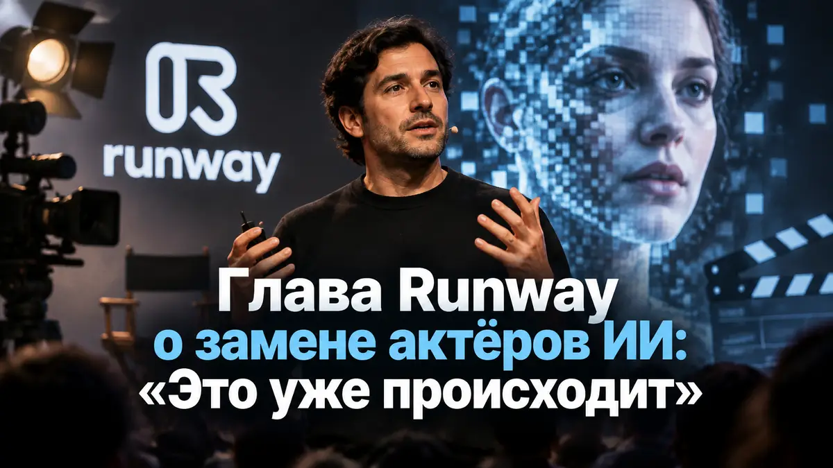 Кристобаль Валенсуэла из Runway на сцене, за ним экран с цифровым актёром из пикселей, тема ИИ в кино