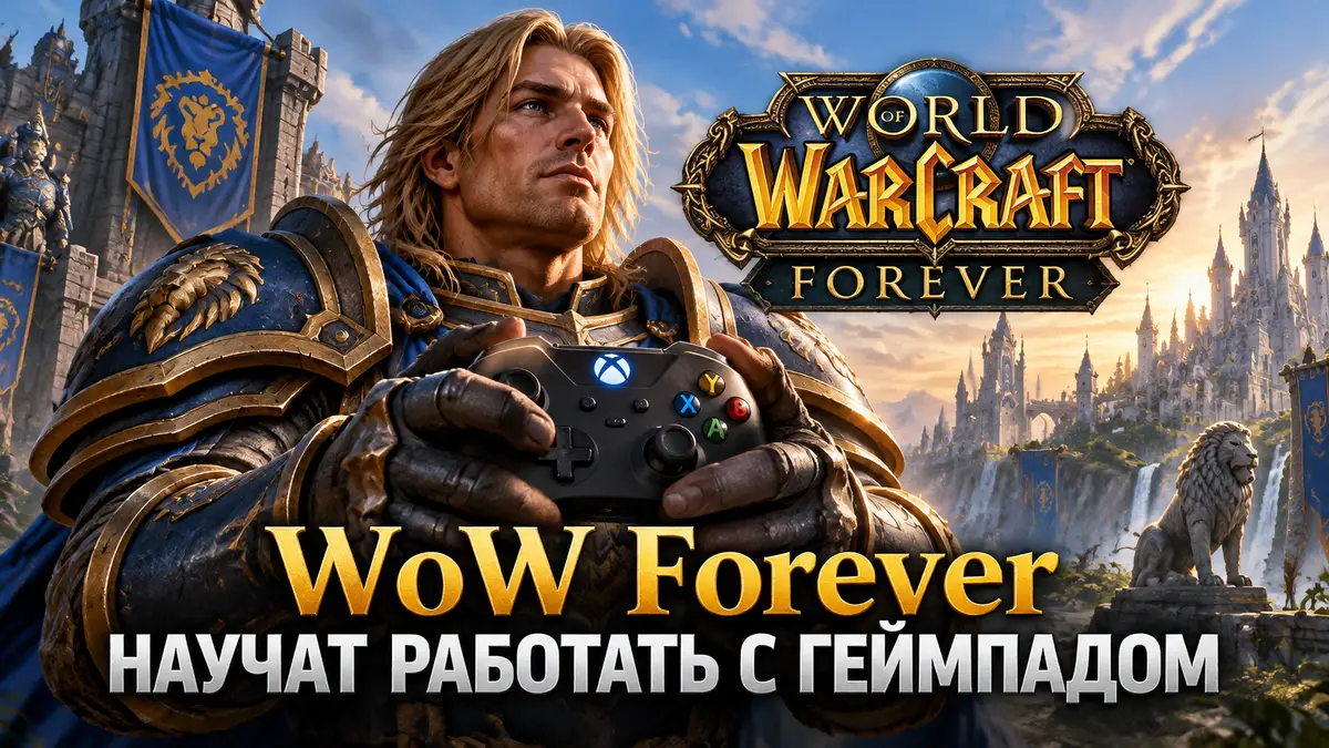 Воин Альянса с геймпадом в руках на фоне логотипа World of Warcraft Forever и замков Азерота