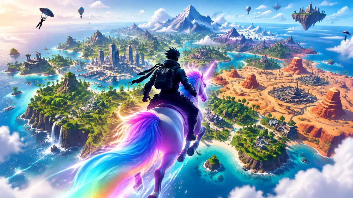 Карта Fortnite: герой парит на единороге над тропическим островом Главы 7 с городом и пустыней