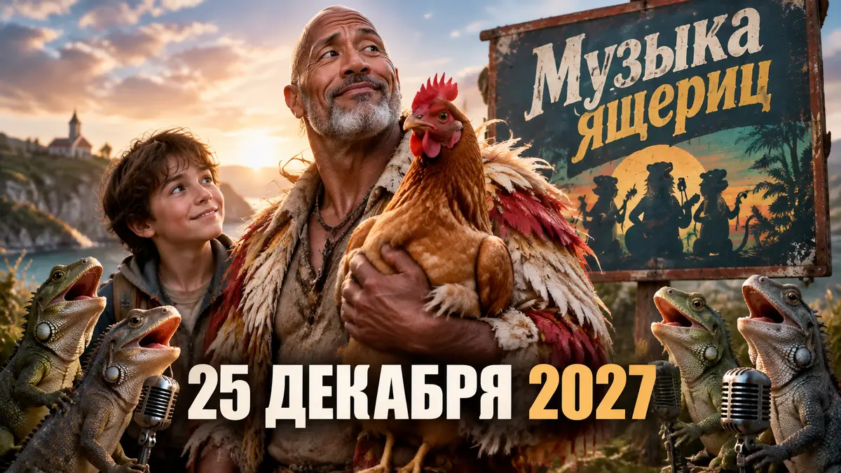 Дуэйн Джонсон в образе чудаковатого Chicken Man с курицей, рядом мальчик и поющие ящерицы, постер «Музыка ящериц»