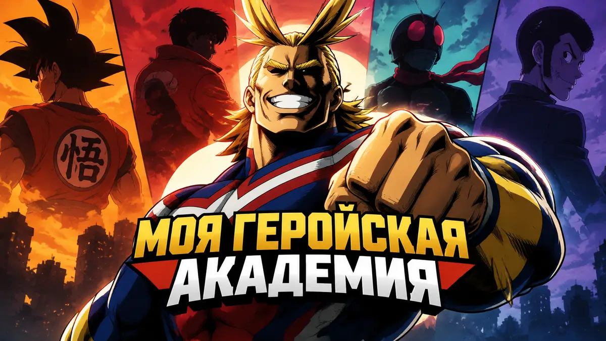 Всемогущий из «Моей геройской академии» на фоне силуэтов Гоку и героев классических аниме в стиле постера