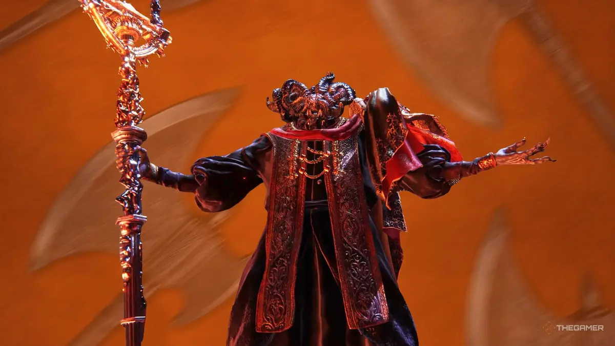 Mohg from Elden Ring standing over an orange background with several axes overlaid on top.