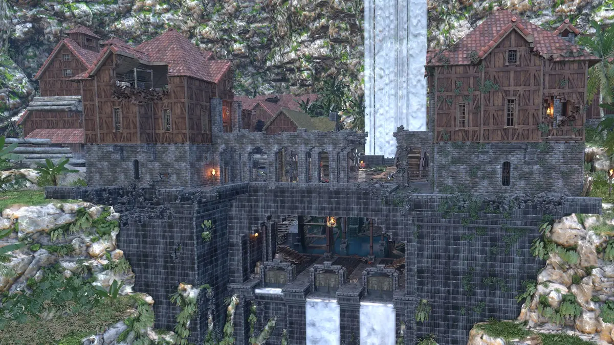 Enshrouded - Riverreach, a town in Veilwater Basin built over a waterfall