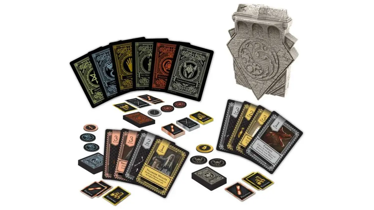 The various components from the House of the Dragon: Dark Dealings board game.