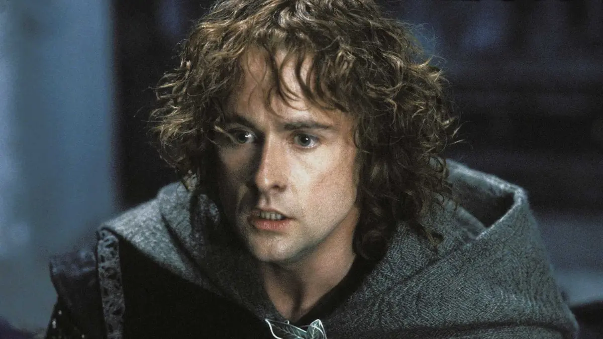 Billy Boyd's Pippin looking intensely at someone in The Lord of the Rings: The Return of the King